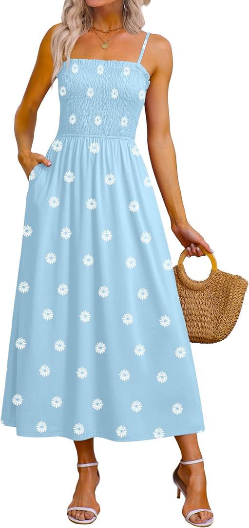 OFEEFAN Womens Spaghetti Strap Maxi Dresses Smocked with Pockets 2026 Summer Spring Casual Boho Beach Long Sundresses,Large