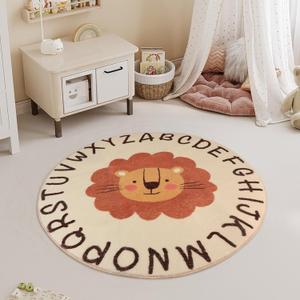 3ft Round Lion Rug, Soft Safari Nursery Rug, Educational Area Alphabet Rug for Kids Playroom Nursery Decor, Nonslip Play Mat, Animals Carpet, Jungle Rug Boy