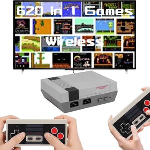 Retro Game Console, 620 Retro Games System, Built-in Classic Video Games, Plug & Play Game Console for TV with AV Output and 2 Wireless Controllers (Grey)