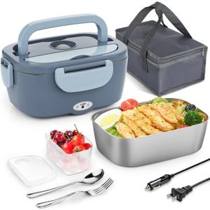 Electric Lunch Box Food Heater - 3 in 1 Portable Leakproof Heated Lunch Box for Car/Home/Adults with 1.5L Removable 304 Stainless Steel Container, 60-80W, 12V/24V/110V (Blue)