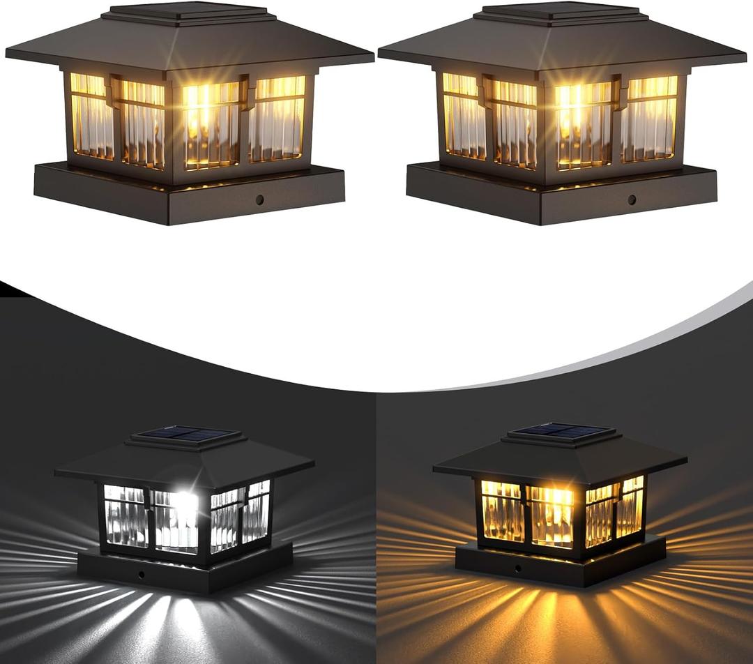 EXCMARK 2 Pack 4x4 Solar Post Cap Lights, Fence Deck Post Lights Outdoor Solar Powered Waterproof with Two Light Modes Warm&Cool White for Garden Patio Decor. (Classic Black,2)