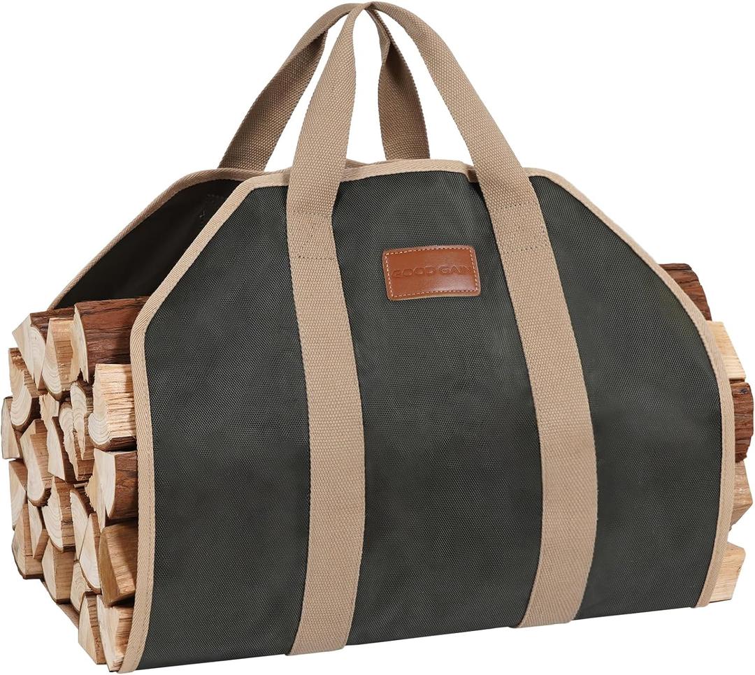 G GOOD GAIN Firewood Carrier with Handles, Wood Carrier for Firewood, 39x18 Inch Heavy Duty Firewood Storage Tote, Fireplace Log Carrier Indoor Bag, Wood Stove Accessories. ArmyGreen (Black)