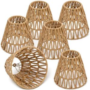 Afcabakila 6 Pcs Rattan Chandelier Shades, Rattan Lampshade with 5.5" Clip-On Fitter, Handwoven Natural Fiber Shade for Pendant & Table Lamps, 5.9" Diameter x 5.5" Height, Light Brown