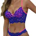 Kaei&Shi Sexy Bra And Panty Sets, Underwire Floral Lace Lingerie For Women, Sheer Scalloped Neon Matching Two Piece Lingerie Set Boudoir Blue, Large