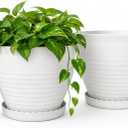 13.8 Inch Round Plastic Planters Urns, Set of 2, White Flower Pots, 13.78 inches x 10.83 inches