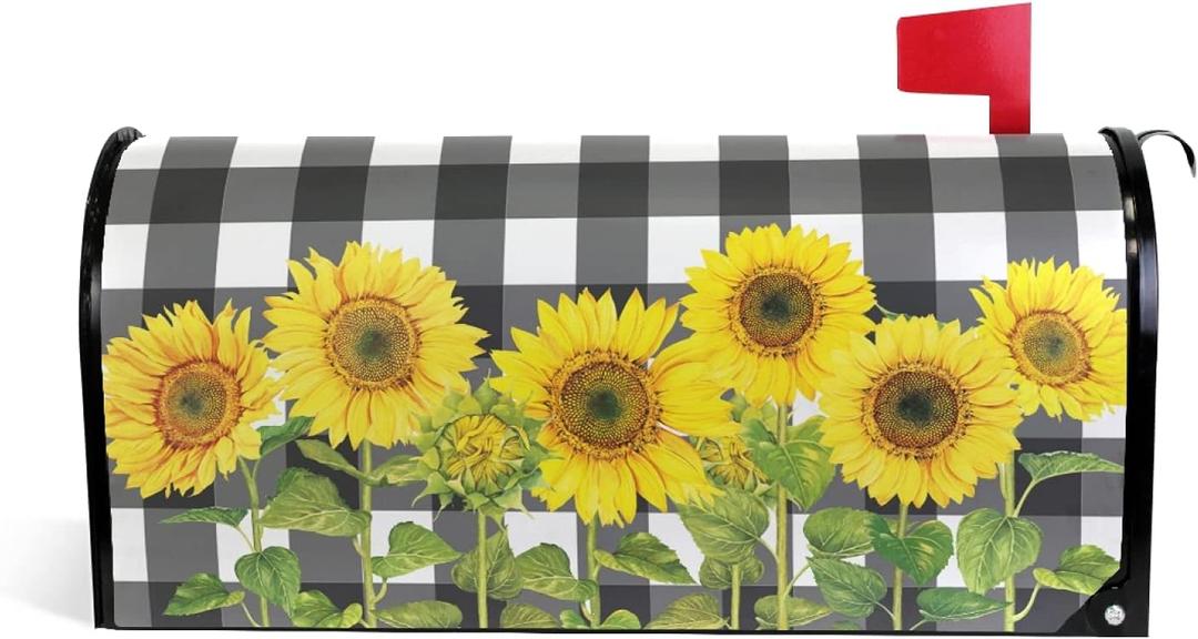 Kcldeci Plaid Sunflower Magnetic Mailbox Cover Buffalo Check Mailbox Wraps Post Classic Monogram Letter Box Cover Mailwraps Standard Size 25.5" X 21 for Welcome Home Garden Yard Decor (64.7x52.8cm)