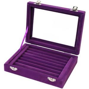EONGOA Jewelry Box Rings Organizer Tray 7 Slots Velvet Jewelry Earring Storage Box With Transparent Lid Jewelry Display Case for Girls Women (Purple)