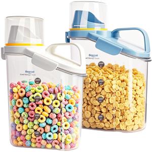 Cereal Containers Storage,2L Airtight Large Dry Food Storage Containers with Pouring Spout, Measuring Cup for Flour and Grain,BPA Free Plastic Dispenser ((2pcs) White-Blue-67oz)