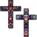 Pinkunn 2 Pcs Mexican Cross Wall Decor Floral Day of The Dead Decoration Hand Painted Wood Wall Art Da De Los Muertos Altar Decorations Spanish Cross Decor for Home(Sugar Skeleton)