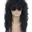karlery 70s 80s Rocker Metal Mullet Wig Mens Long Curly Black Wig for Halloween Costume Anime Party (2 Piece Set)