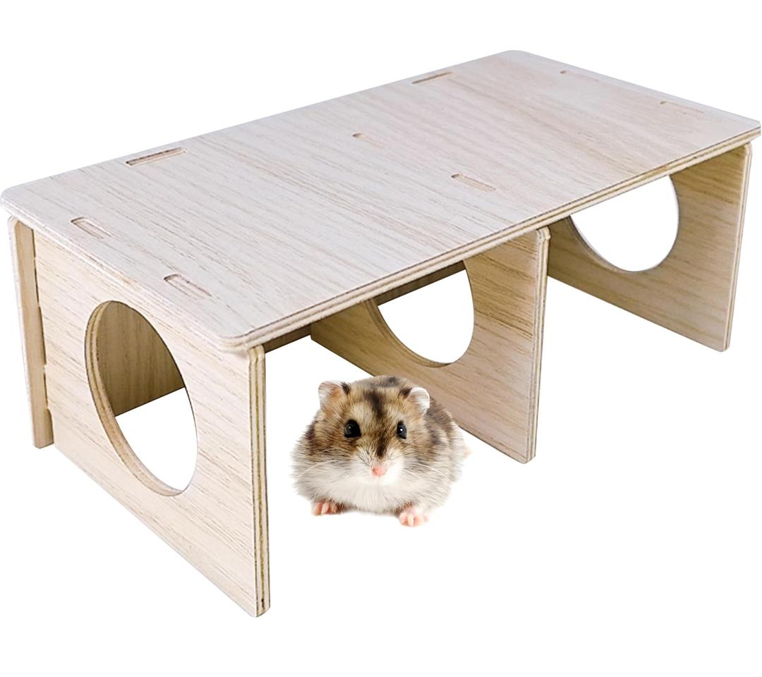 Hamiledyi Wooden Hamsters 2-Chamber Hideout-Tunnel Multi Chamber Exploring Toy Hamster Hiding Maze Tunnel Toy Platform Stuff Cage Accessories for Gerbil Rat Mice