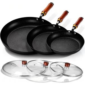 3 Pack Nonstick Frying Pan Set with Detachable Wooden Handles, Pre Seasoned Light-Duty Iron Skillets with Tempered Glass Lids, Easy Clean Cookware for Home Family Cooking (9.5,11,12.5 inch)