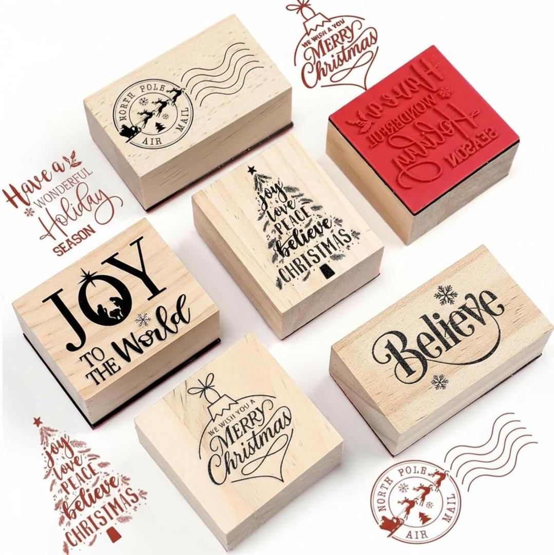 6 Pcs Christmas Rubber Stamp Set Merry Christmas Wooden Rubber Stamp Snow Tree Stamps Vintage Wooden Art Stamps for Crafting and DIY Scrapbooking Card Making Hand Book (Retro)