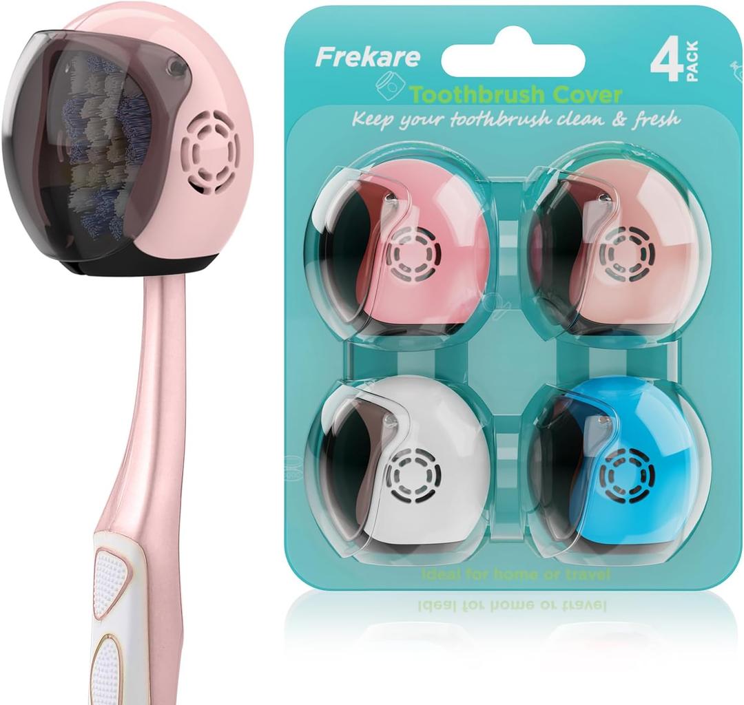 Frekare Helmet Toothbrush Covers Caps, Fits Most Manual and Electric Tooth Brushes, 4 Count (Blue, White, Pink, Rose Pink)