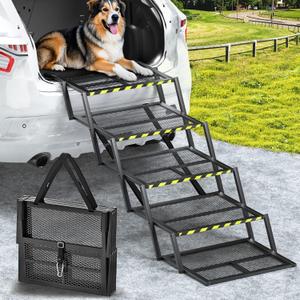 Pawaboo Extra Wide Dog Stairs for Car, Foldable Dog Ramps for Car with Non Slip Surface & Reflective Tape, Heavy Duty Dogs Steps for Cars, SUV, Truck, 300lbs Capacity, 14"-35" Adjustable Height