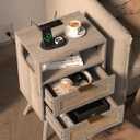 Rattan Nightstand with Charging Station,Modern Bedside Table with 2 Storage Drawer and Open Wood Shelf, for Bedroom and Small Spaces,Night Stand with Solid Wood Legs (Grey Oak)