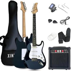 30in Size Beginner Electric Guitar Starter Kit w/Case, Strap, 20W Amp, Strings, Pick, Tremolo Bar (Black Guitar)