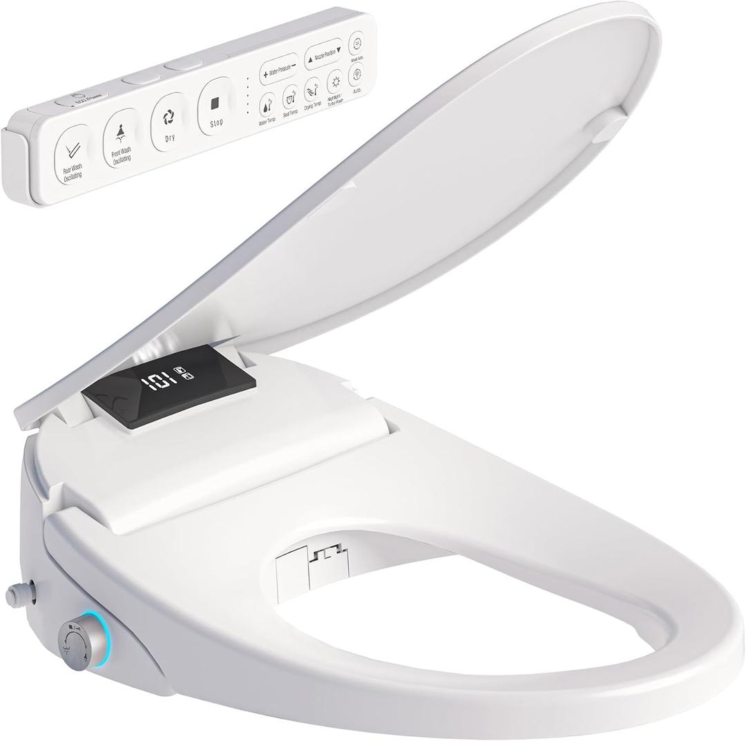 Electric Heated Bidet Toilet Seat with Remote, Round, X60R | Instant Warm Water, Heated Seat, Warm Air Drying, Slow Close Lid, LED Display, Nightlight