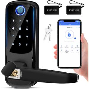 Smart Door Lock with Handle, Keyless Entry Digital Lock for Front/Interior Door,Fingerprint Exterior Locks, Electronic Deadbolt with Keypad,Biometric Door Knob,Smart Locks for Home, Apartment, Office