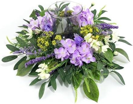 Hydrangea Floral Candle Holder Centerpiece – Artificial Silk Flowers with Glass Votive for Dining Table, Coffee Table, Fireplace Mantel, Wedding & Party Decor, Spring & Summer Home Decoration