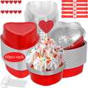 60 Pack Valentine's Heart Shaped Cake Pans  3.4oz Mini Aluminum Foil heart shape Cupcake pan with Lids, Spoons & Valentine Heart Stickers  Disposable Mothers Day Baking Tins Supplies for Gifts, Red