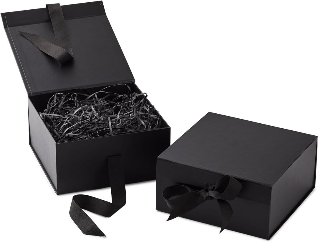 Hallmark Medium Gift Boxes with Bow and Shredded Paper Fill, Pack of 2 (Black 8 inch Box) for Weddings, Graduations, Birthdays, Father's Day, Groomsmen Gifts, All Occasion