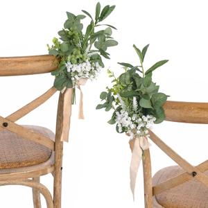 Ling's moment 8 White Aisle Pew Artificial Flowers Arrangements Babysbreath for Wedding Ceremony Chair Back Floral Decorations with Chiffon Ribbons Sage Green Reception Church Rose Fake Party Outdoor