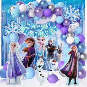 Frozen Birthday Party Decorations Frozen Party Supplies 82 Pcs Include Frozen Backdrop Snowflake Balloon Garland Arch Kit, Elsa, Anna and Olaf Foil Balloon and Happy Birthday Banner for Kids Birthday