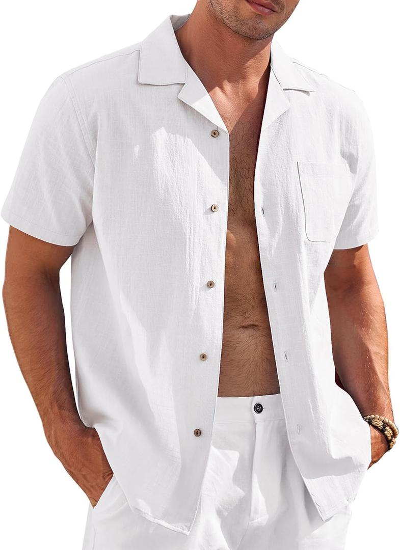 COOFANDY Mens Casual Cotton Linen Shirt Short Sleeve Button Up Shirts Summer Beach Top (Large, White)