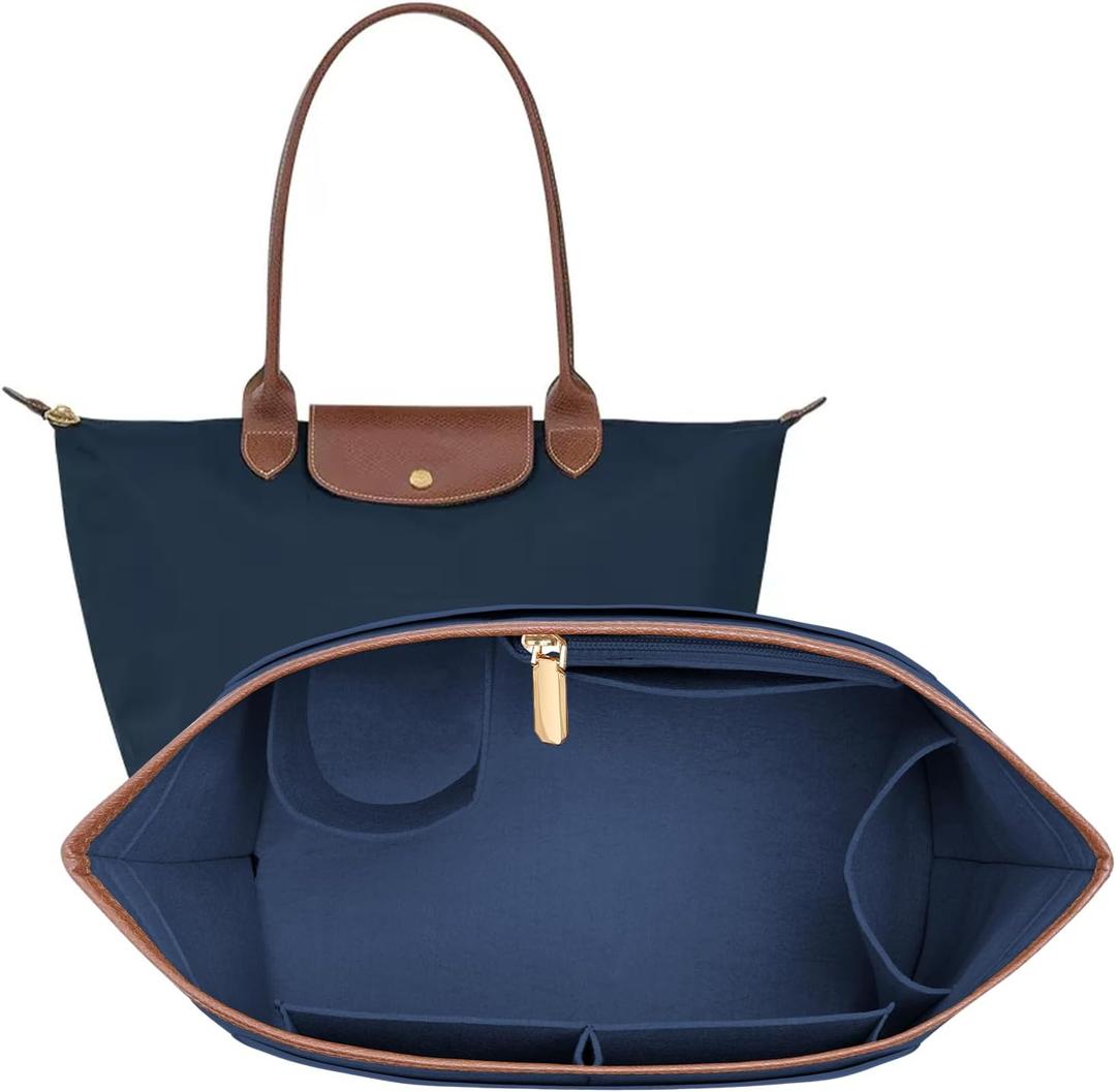 Felt Purse Organizer Insert for Longchamp Le Pliage L Bag, Handbag Leather edge Longchamp Organizer Insert with Cup Holder Tote Organize (Dark-Blue, Large)