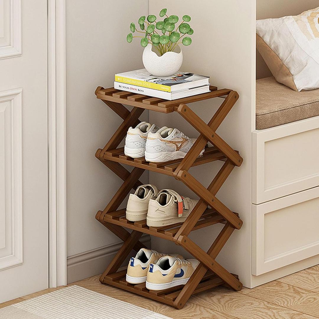 Narrow Shoe Rack-Free Standing Shoe Racks-Bamboo Shoe Storage Organiser Vertical Foldable Shoes Shelf for Entryway,Closet,Hallway,Bedroom (Tawny, 4 Layer)