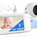 1080P No WiFi Baby Monitor with Camera and Audio, 5'' Screen 32-Hour 5000mAh Battery, 4X Zoom, Night Vision, 2-Way Talk, 8 Lullabies, 1200ft Long Range (White)