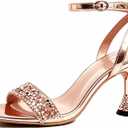 Women's Sparkling Rhinestone Ankle Strap Heeled Sandals Purple Metallic Square Open Toe Mid-Heel Dress Sandal for prom Shining Heels, Size 9.5