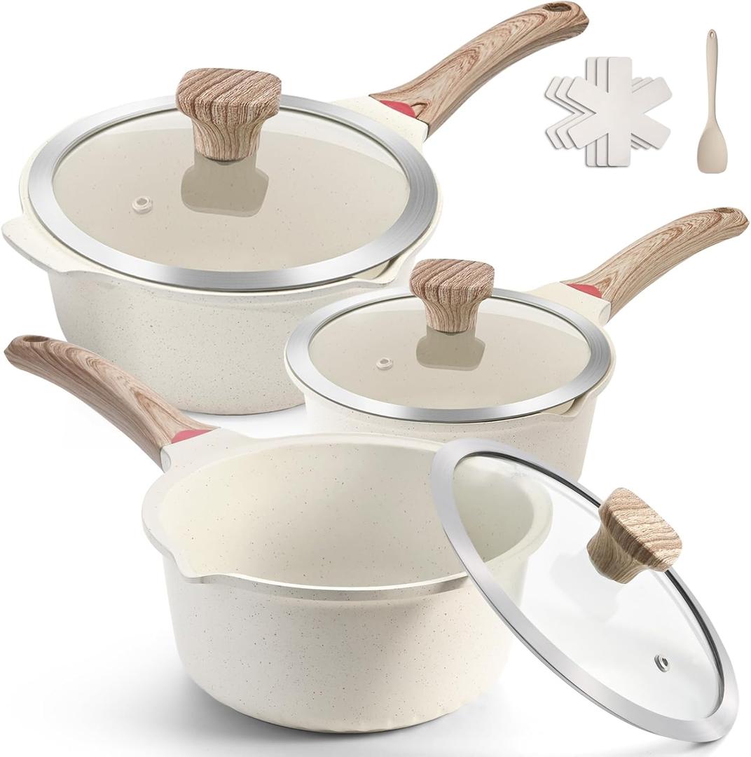 VINCHEF Sauce Pan Set with Lid 10PCS, 3 White Non Stick Cooking Pots Induction pot sets, Saucepan Set with Silicone Tools and Pot Protectors, PFAS and PFOA Free (2QT+3QT+4QT)