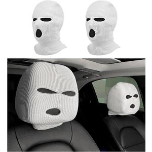2 PCS Car Headrest Cover, Personalized Funny Car Seat Full Face Mask, Ski Mask Wrap Protection for Auto Front Seat Rest Decoration, Universal Interior Car Accessories (White)