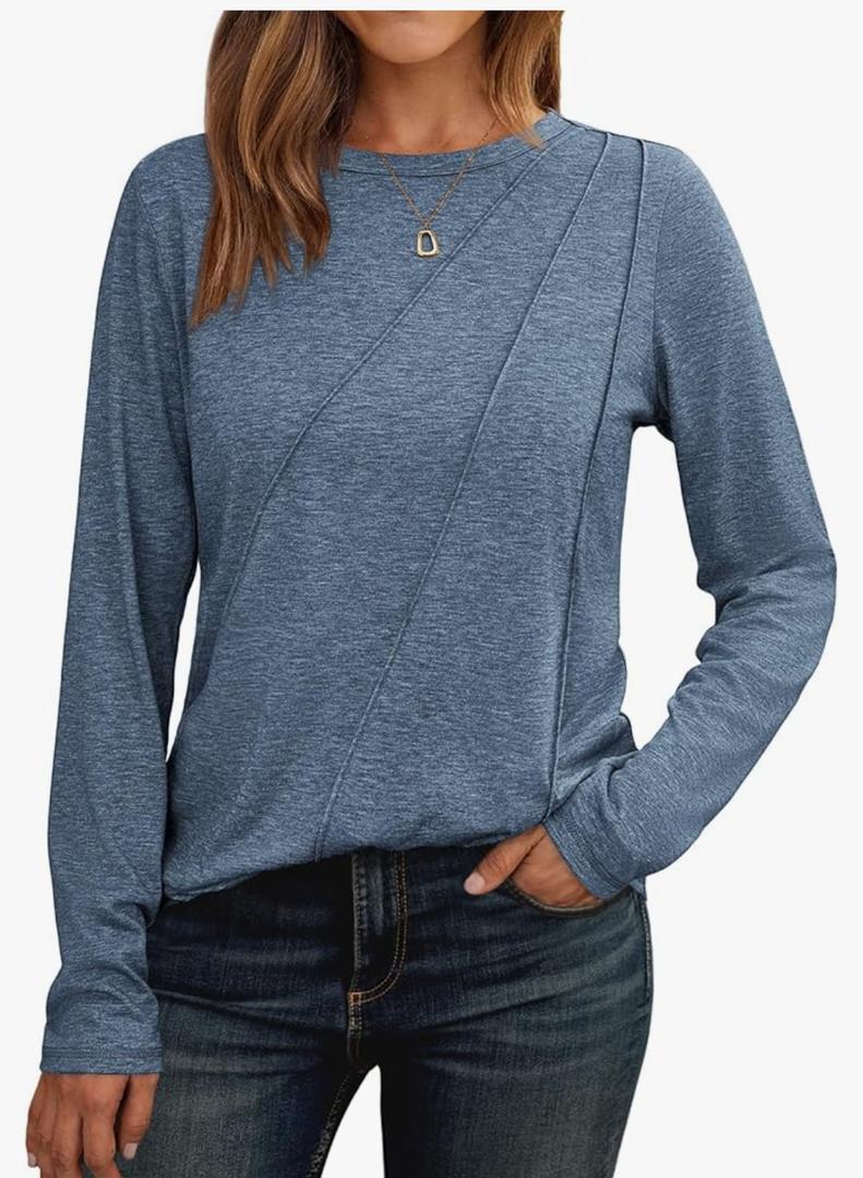 AUTOMET Womens Long Sleeve Shirts Pleated Crew Neck Casual Fall Fashion Tops Loose Fit Lightweight Girls Outfits Clothes M