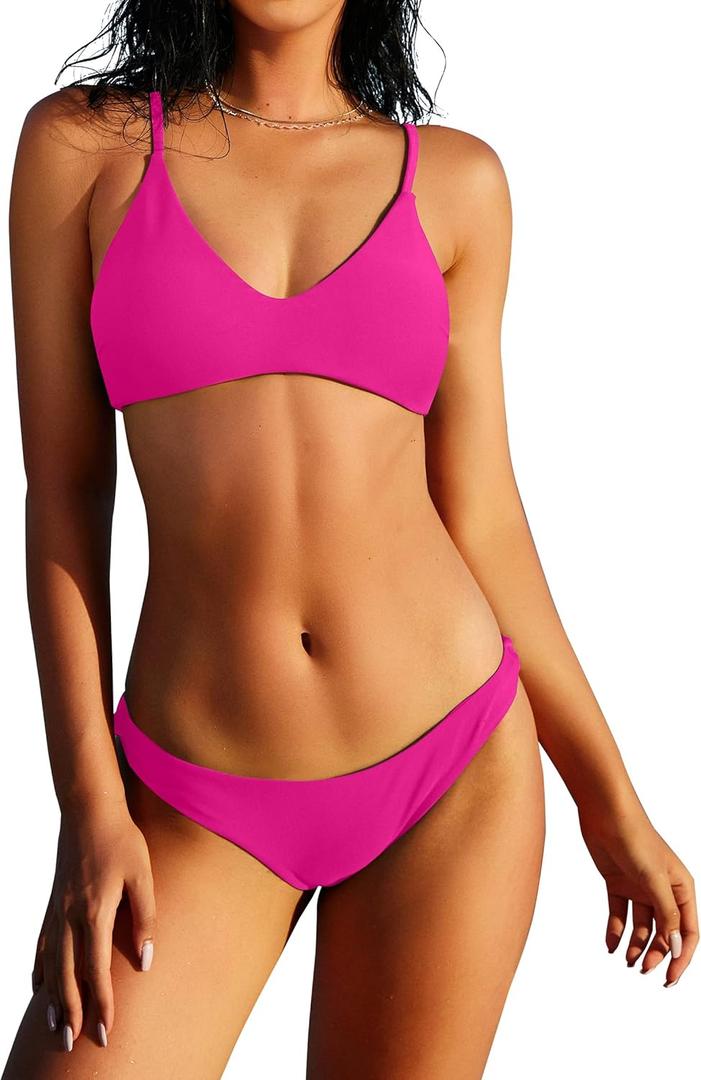 ZAFUL Women's Solid Spaghetti Strap Bralette Bikini Set Two Piece Swimsuit (Large, 1-magenta)