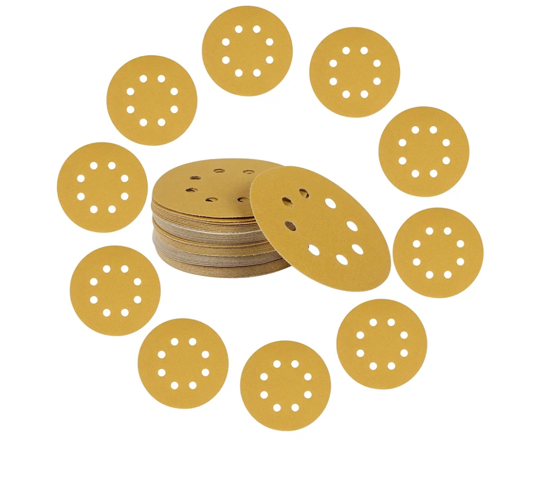 5-Inch 8-Hole Hook and Loop Gold Sanding Discs, Pack of 50 Sandpaper, 150-Grit