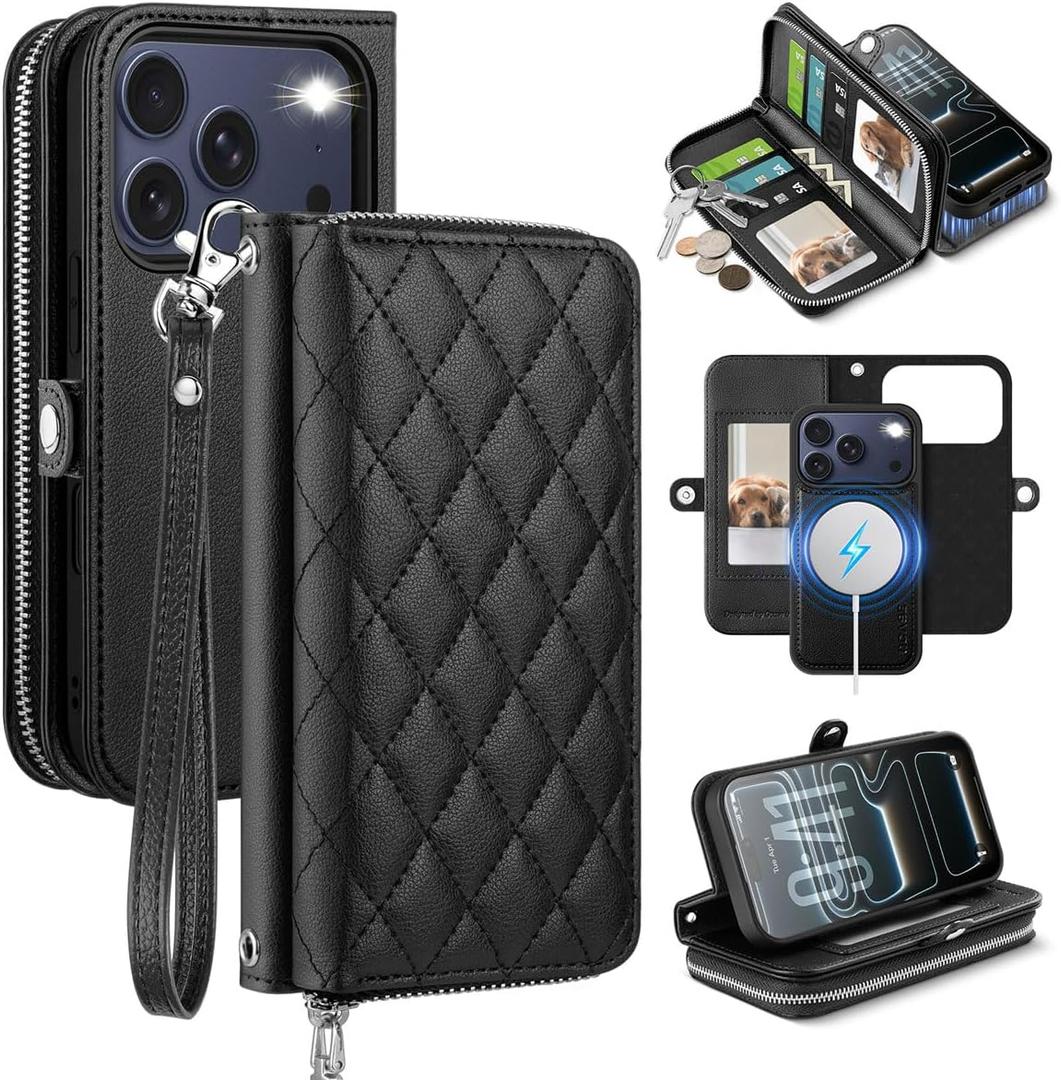 OCASE for iPhone 17 Pro Crossbody Detachable Wallet Case, PU Leather Handbag Phone Purse with Zipper Closure, 10 Card Slots & RFID Blocking, Wrist Strap, Lanyard, Kickstand, Diamond Check Black