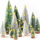 Lenwen 18 Packs Mini Christmas Trees Christmas Decor Bottle Brush Christmas Trees with 6 LED Lights 11.8'' 5 Size Pine Trees with Wooden Bases Mini Bottle Brush Trees Tabletop(Green and Silver)