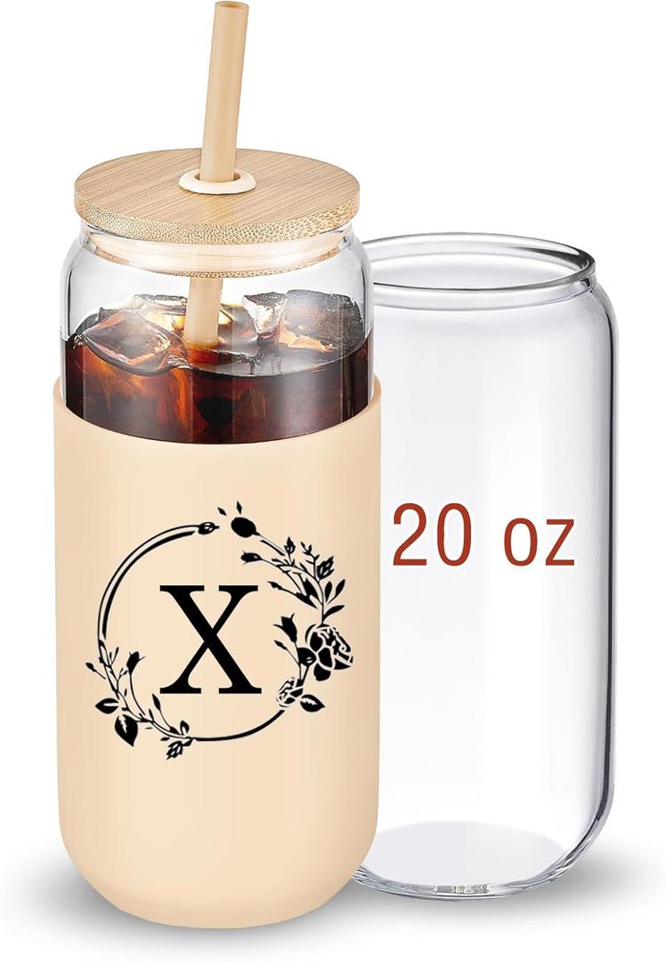 WillCome Personalized 20 Oz Tumbler Glass Cup with Lids and Straws, Customized Monogrammed Mug Birthday Gifts for Women, Cute Iced Coffee Cup, Customizable Drinking Glass for Smoothies, Beer, Amber,X