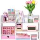 Cute Bookshelves Cute Bookshelf for Desk Kawaii Desk Organizer with Drawer Office Desk Organizers and Accessories Storage Home Decor Display (Pink)