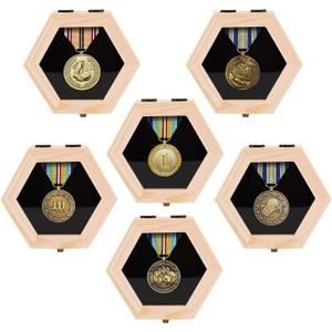 BiJun Wooden Hexagon Medal Hanger Display Case,Shadow Box for Medals Race Medal Display for Sports Medals, Track & Field, Military,Races, Running, Marathons6PC