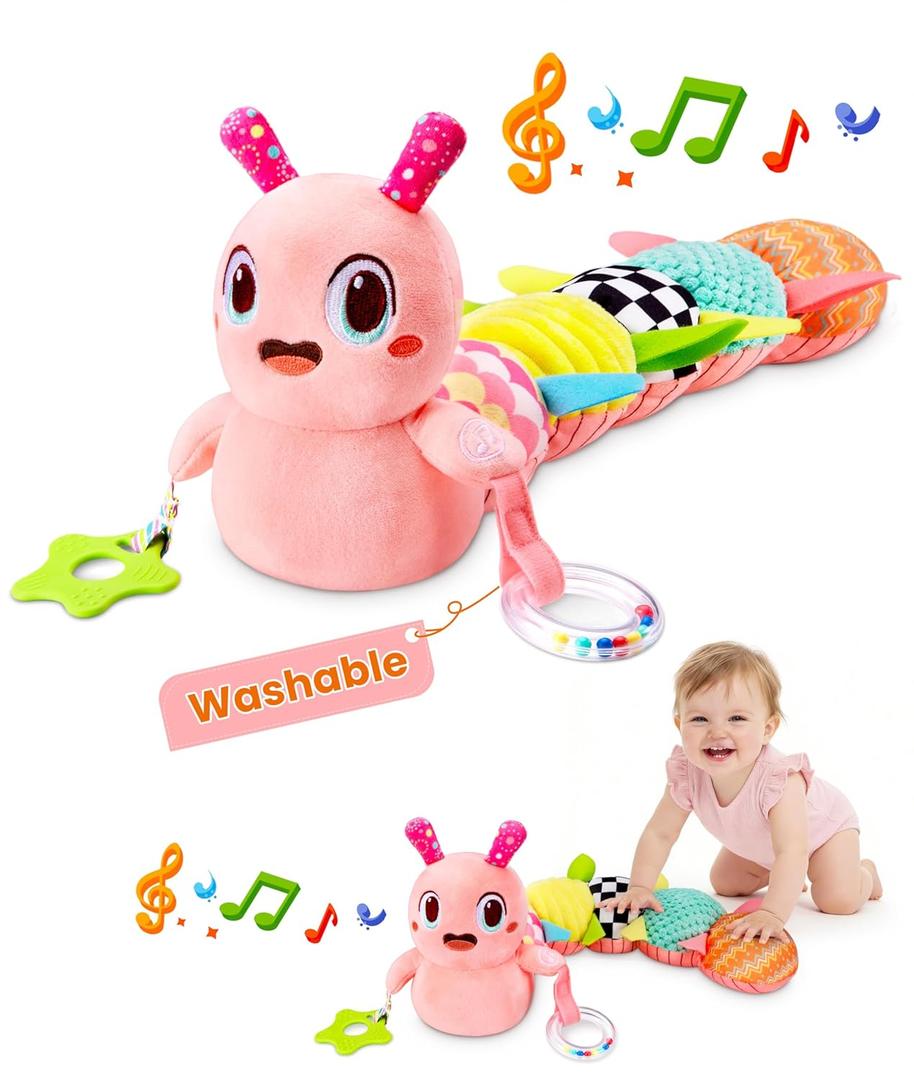 Baby Toys 0-6 Months, Washable Baby Musical Caterpillar Toys with 10 Kid's Songs,Rattles,BabyTeething Toys,Suitable for 0-6, 6-12 Months Infant Tummy Time Toy,Newborn Baby Boy&Gril Gifts (Pink)