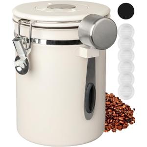 INFTYLE Coffee Canister with Airtight Lid, 22oz, 60 fl oz Cream, Stainless Steel Air Tight Lid Container with Date Tracker and Scoop Food Storage Jar for Grounds Coffee, Beans, Flour, Cereal