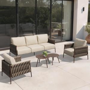 EAST OAK 5-Piece Patio Furniture Set | Life Chatter 5-Seat Outdoor Furniture | Deep Seating & Two Coffee Tables | Waterproof Extra-Thick Cushions | Porch, Balcony & Backyard | Chestnut & Apricot