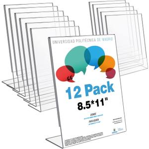 T-SIGN Acrylic Sign Holder 8.5 x 11 Inches, Slant Back Clear Table Top Display Plastic Stand, Double Sided, Display Stand, Acrylic Frame for Store, Homes, Restaurants, Offices - Vertical (Pack of 12)