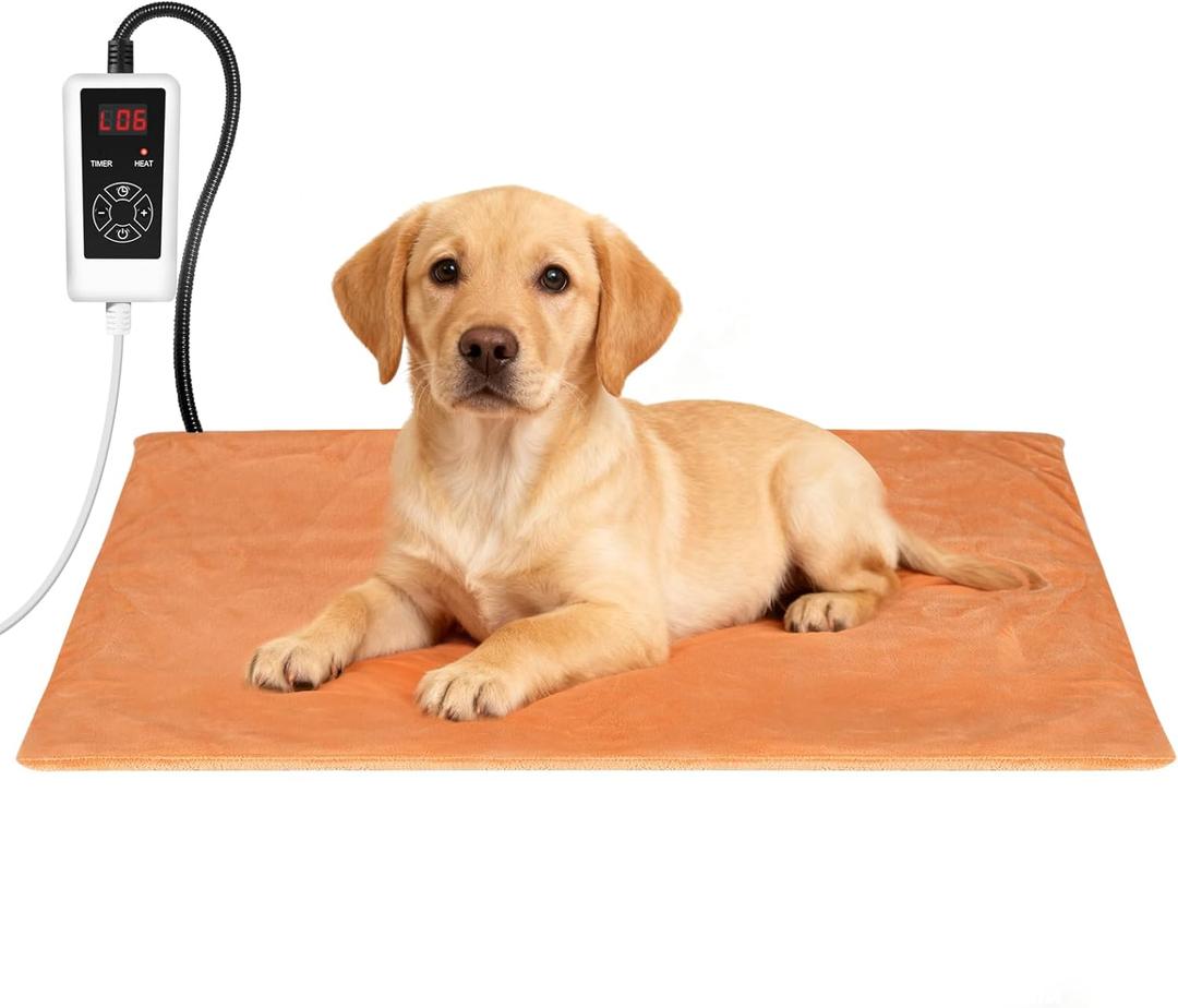 RIOGOO Pet Heating Pad, Electric Heating Pad for Dogs and Cats with Timer, 6 Level Adjustable Temperature Dog Heated Blanket (Brown, M:25''x12.5)
