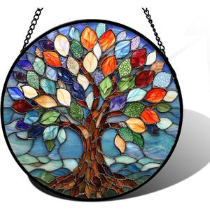 DASTOLL Stained Glass Window Hanging, Colorful Tree of Life Sun Catchers Glass Panel Blue Suncatcher Decor for Birthday for Women, Men, Wife, Aunt, and Mom 6.3 in