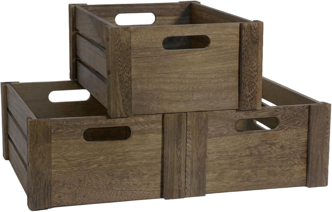 Wooden Crates for Display, 3 Pack Large Rustic Handmade Wood Crate for Storage, Wooden Basket with Handles, Nesting Crates Boxes for Container and Decor Living Room Outdoor Christmas (Large), 14.6" x 10.9" x 6.1"